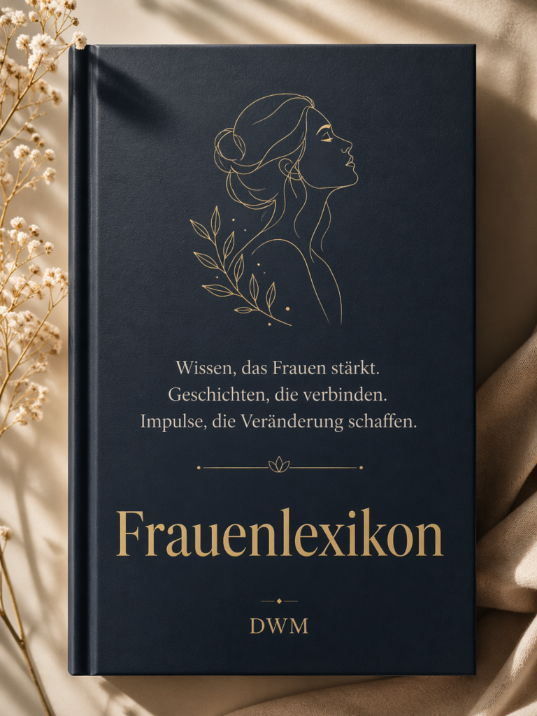 Dunkelblaues Buch „Frauenlexikon“ mit goldener Typografie, floralen Linien und Portrait-Illustration, darunter „DWM“ und ein Zitattext.
