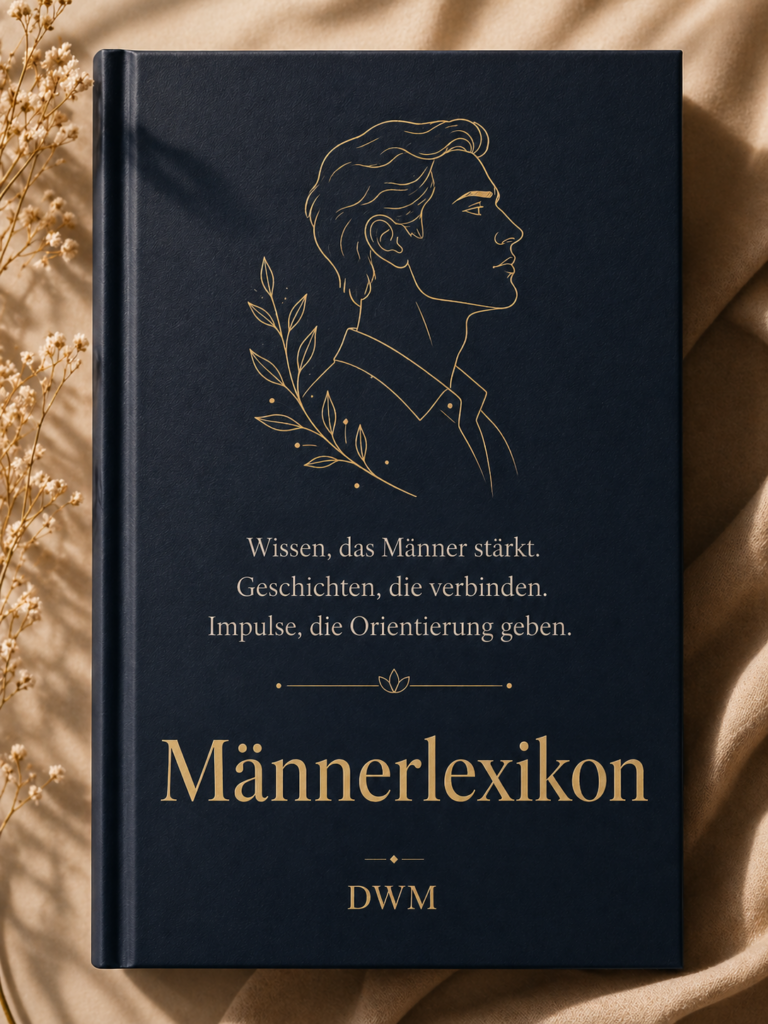 Auf einem dunkelblauen Einband mit goldfarbener Schrift steht das Männerlexikon. Daneben sind „Wissen, das Männer stärkt“ sowie „Geschichten, die verbinden“ zu lesen.