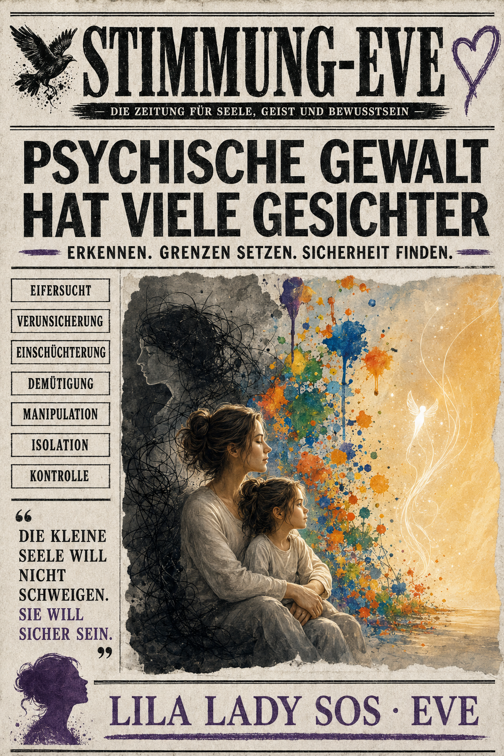 Eine Frau hält ein Kind vor dunklen und farbigen Formen, daneben steht der Satz „Psychische Gewalt hat viele Gesichter“.